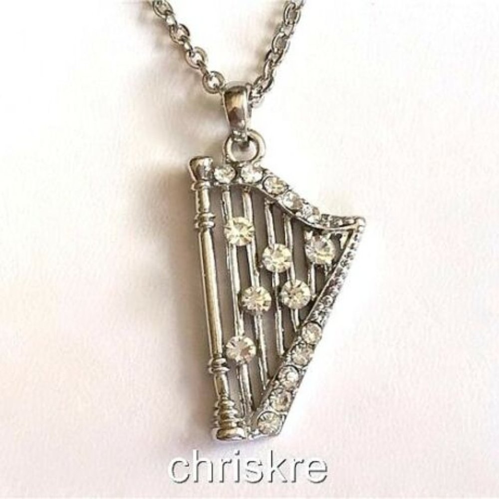 Silver Plated Irish Celtic Lyre Harp Necklace Crystal Musician Music Teacher 17"